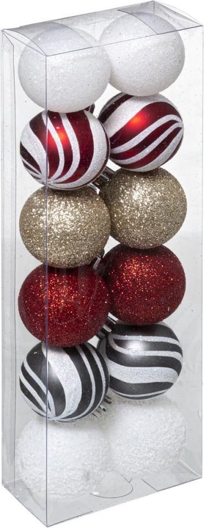 Kersballenset 12 stuks - 4cm - Wit/Grijs/Rood/Goud - Collectie 2022