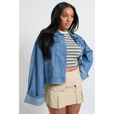 boohoo Dames Plus denimjasje met diepe omgeslagen manchetten | Vintage Wash | Maat: 18