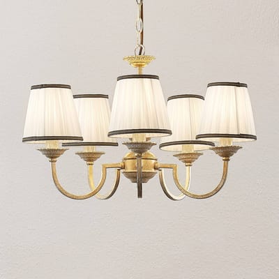 Lindby - kroonluchter - 5lichts - Textiel, metaal - H: 36 cm - E14 - crème, antiek messing