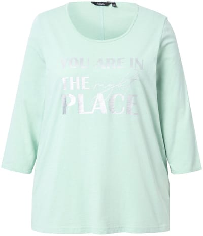 Ulla Popken - Dames - Shirt metallic lettermotief A-lijn ronde hals 3/4-mouwen - Mintgroen - Maat 42+