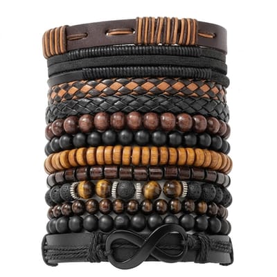 12-delige armbanden set voor heren – zwart, bruin en houtlook – mix van kralen, gevlochten en koorddesigns – verstelbaar – unisex