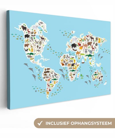 Canvas kinderen - Slaapkamer decoratie - Wereldkaart - Dieren - Kinderen - Geografie - Wanddecoratie - Canvas schilderij kinderen - 90x60 cm