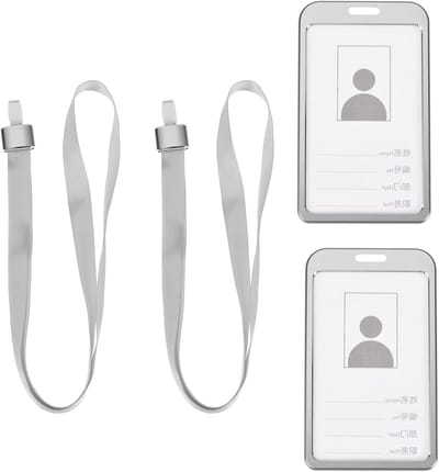 2 Stuks Badgehouder, Verticale Aluminium met Metalen Haak en Verwijderbare Nek Lanyard | Bescherming voor ID Kaarten, Perfect voor Werk en Evenementen (Zilver, 9.5 x 5.8 cm)