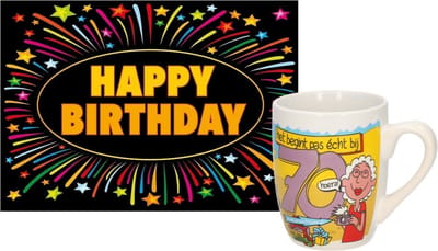 Paperdreams Grappige verjaardag mok/beker 70 jaar vrouw fun tekst 300 ml + wenskaart Happy Birthday