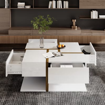 KOMHTOM Tafel met 4 laden Hoogglans salontafel unieke kleurcoördinatie en lijnontwerp 78x78x34.8 cm