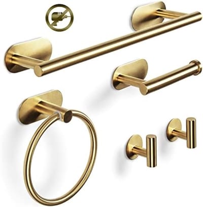 Zelfklevend Badkameraccessoires Set 5-delig - Handdoekrek, Handdoekring, Toiletrolhouder en 2 Handdoekhaken - Goudkleurig - Wandmontage zonder Boren - RVS Materiaal