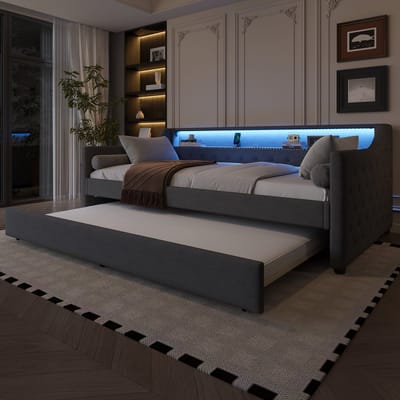 DESMIU Daybed 90 x 200 cm – Slaapbank Met Led Verlichting En Usb Aansluiting – Uitziehbed Voor Extra Slaapruimte – Linnen – Grijs – Zonder Matras