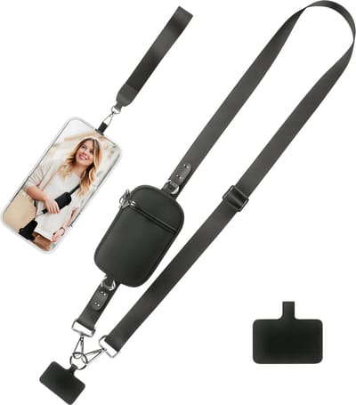 Nylon Telefoonriem – Zwart – Afneembare Verstelbare Lanyard met Clip voor Telefoon en Portemonnee, Polsriem en Crossbody Tas voor Veilig Handsfree Gebruik
