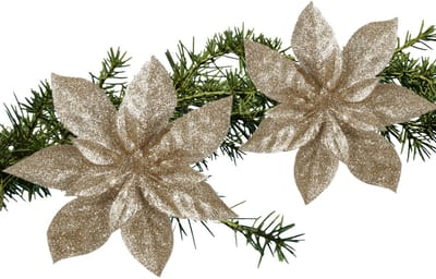 House of Seasons Kerstboom bloemen op clip - 2x stuks - champagne - polystyreen - kerstornamenten