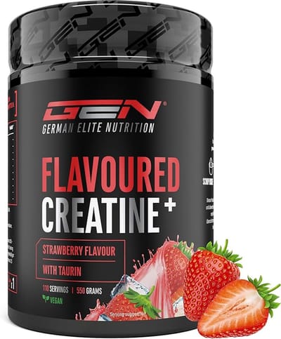 GEN Gearomatiseerd Creatine Poeder - 550g - Creatine Monohydraat + L-Taurine - Gemicroniseerde Creatine met Aroma - Geen Suiker & Top Oplosbaarheid - Veganistisch (Aardbei)