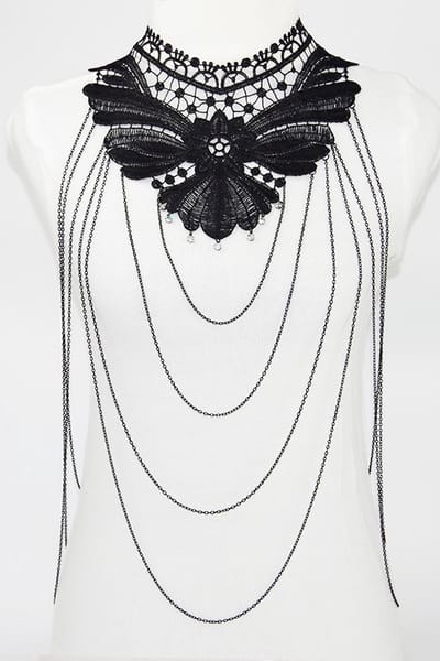 KIMU® Body Chain Zwart Kant Kraagje - Lichaamsketting Victoriaans Sexy Lace Buikketting Lichaam Ketting Harnas - Steampunk Collar Zwarte Choker Festival