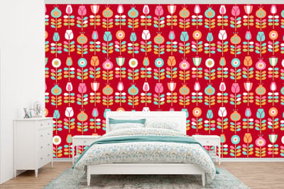 Behang - Fotobehang Patronen - Bloemen - Retro - Rood - Breedte 345 cm x hoogte 220 cm