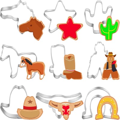 BOTC Uitsteekvorm - Koekjesvormpjes voor cowboys - 9 stuks - RVS - Inclusief koe, ster, paard, cowboy, laars, hoed, cactus enz.
