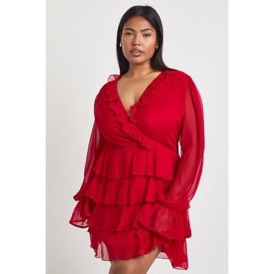 boohoo Dames Plus Ruffle Wrap Skater Jurk | Rood | Maat: 44
