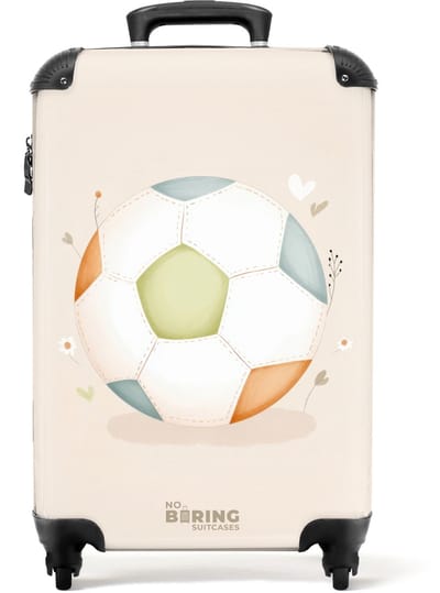 NoBoringSuitcases.com® - Kinderkoffer - Kindertrolley jongen en meisje - Voetbal in beige pastel kleuren - Handbagage koffer lichtgewicht - Reiskoffer trolley kinderen - Rolkoffer met wieltjes - Past binnen 55x40x20 en 55x35x25