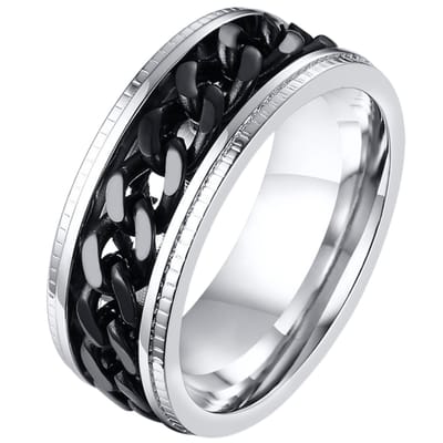 Anxiety Ring - (Ketting) - Stress Ring - Fidget Ring - Fidget Toys - Draaibare Ring - Spinning Ring - Zilver-Zwart kleurig RVS - (16.00mm / maat 50)