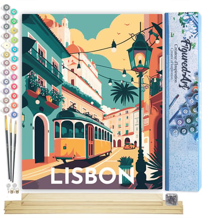 Figured'Art Schilderen op Nummer Volwassenen canvas Reisposter Lissabon- Handwerk acrylverf Kit DIY Compleet - 40x50cm met DIY houten lijst