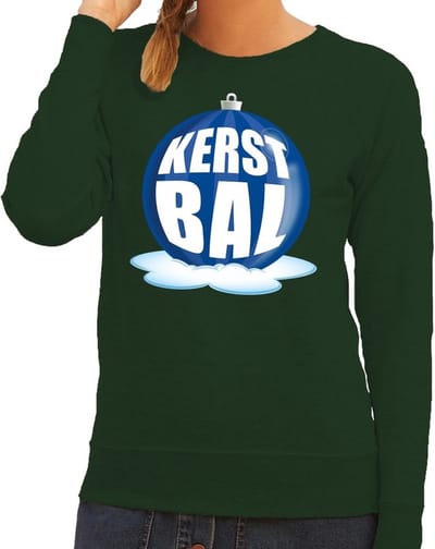 Foute kersttrui kerstbal blauw op groene sweater voor dames - kersttruien XS