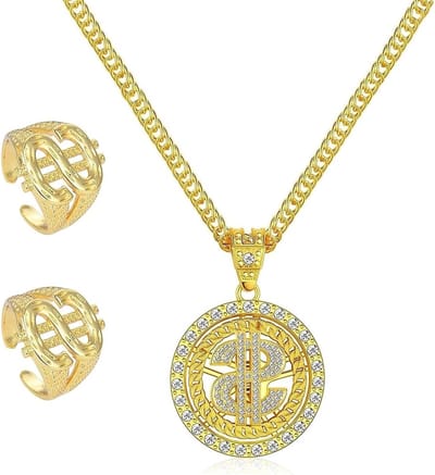 Hip Hop Kostuum Set voor Mannen met Gouden Ketting en Dollar Ring - Perfect voor Carnaval, Mottopartys en Cosplay Accessoires in 80s en 90s Stijl