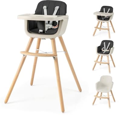 6-in-1 Kinderstoel voor Baby's en Peuters met Afneembaar Dienblad - Converteerbare Houten Stoel