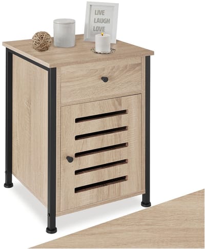 tectake® Bijzettafel met lade en kast - Nachtkastje in industrieel design - Voor woonkamer, slaapkamer, kantoor, hal - Zwart metalen frame - Afmeting (LxBxH) 40 x 42 x 60,5 cm - Lichtbruin