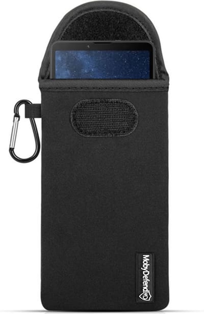 MobyDefend Hoesje - Geschikt voor Sony Xperia 10 V - Neopreen Pouch Met Karabijnhaak - Insteek - Riemlus - Zwart