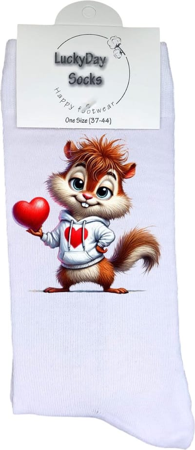 Eekhoorn - Valentijn sokken - Valentijns Cadeau - Grappige sokken - Leuke sokken - Hem Haar sokken - Vrolijke sokken - Hartjes - Vaderdag - Moederdag - Verjaardag cadeau - Kerst cadeau - Leuk Cadeau - Speciaal cadeau - Sokken maken Happy - Maat 37-44