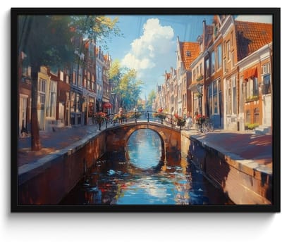 Poster in lijst - Fotolijst 70x50 cm - Posters - Stad - Gracht - Zon - Fietsen - Posterlijst zwart - Decoratie - Wanddecoratie woonkamer - Muurdecoratie slaapkamer