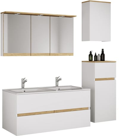VCM 5-tlg. Doppelwaschtisch Cosila mit Doppel Keramikbecken – Badschrank H. 51 x B. 111 x T. 51 cm mit 2 Softclose-Schubladen, Spiegelschrank mit Beleuchtung & Steckdose, Midi und Hängeschrank, Waschplatz Set Cosila-I