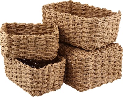 Set van 4 Wicker Opbergmanden, Kleine Wicker Mand, Multifunctionele Geweven Opbergmanden voor Thuis en Kantoor