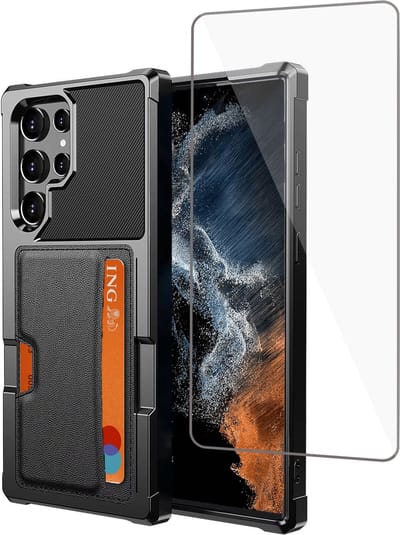 Geschikt voor Samsung S22 Ultra Pasjes Houder Hoesje + Screenprotector – Gehard Glas Cover - Magnetisch Portemonnee Hoesje - Zwart