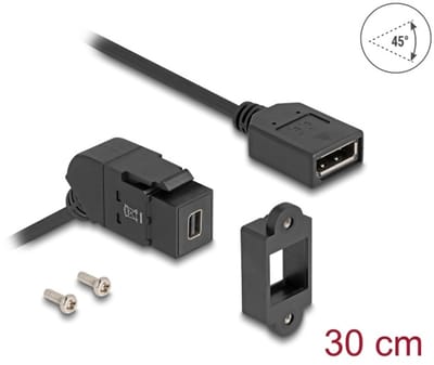 Delock Keystone Module Mini DisplayPort panel mount female to DisplayPort female 45° angled with 30 cm cable 8K 30 Hz black