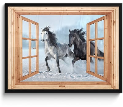 Poster in lijst - Fotolijst 70x50 cm - Posters - Doorkijk - Paarden - Winter - Dieren - Natuur - Hout - Posterlijst zwart - Decoratie - Wanddecoratie woonkamer - Muurdecoratie slaapkamer