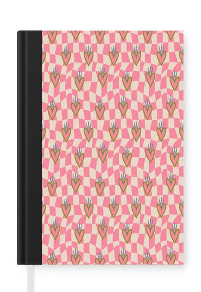 Notitieboek - Schrijfboek - Roze - Retro - Patroon - Geblokt - Notitieboekje klein - A5 formaat - Schrijfblok