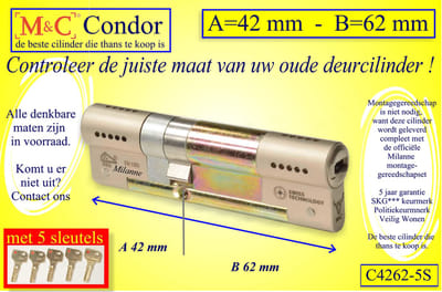 M&C Conder high-tech security deurcilinder 42x62 mm MET 5 SLEUTELS - SKG*** - Politiekeurmerk Veilig Wonen  -  inclusief MilaNNE gereedschap montageset