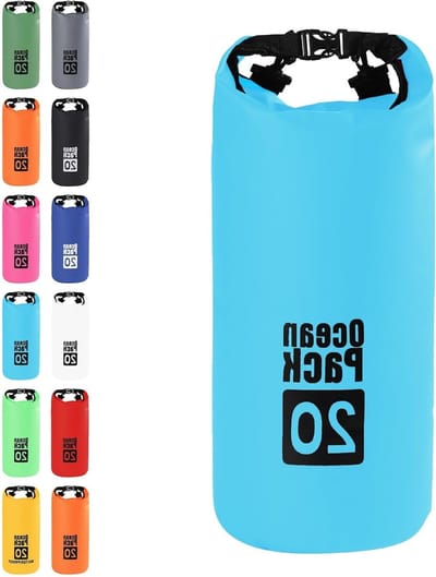Waterdichte tas in lichtblauw van 20 liter met waterdichte overbroek voor outdoor activiteiten