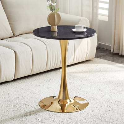Ronde bijzettafel/eettafel van 60 cm, gemaakt van MDF: tafelblad vervaardigd met hoogwaardige thermovormtechnologie, zwarte marmerlook, gouden onderstel – perfect voor Europese woonruimtes.