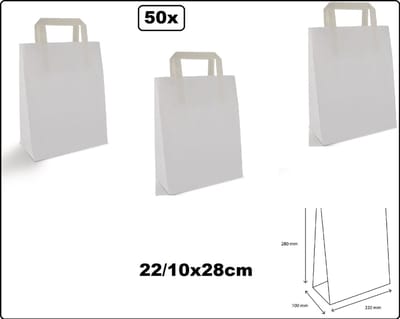 50x Papieren tas wit platte handgreep 22x10x28cm