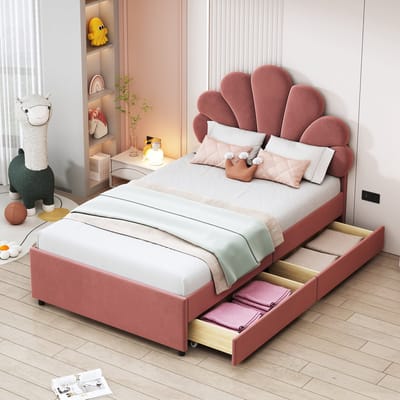 MODFU Kinderledikant 90x200 cm – Gestoffeerd fluweel roze – Bloemvormig hoofdbord – Met 2 laden