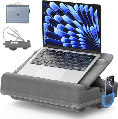 Famanu - Verstelbaar laptopkussen met telefoonhouder en polssteun – tot 16 inch – draagbaar