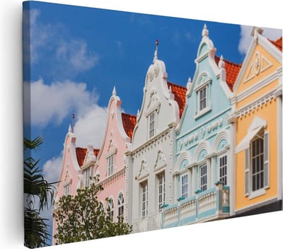 Artaza Canvas Schilderij Curacao - 90x60 cm - Wanddecoratie Kleurrijke Huisjes - Muurdecoratie Caribisch - Schilderijen Op Canvas