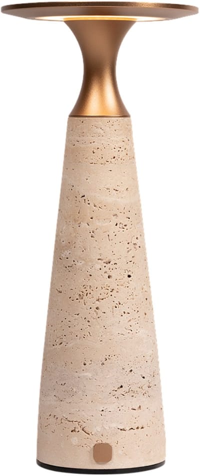 Atmooz Drias Tafellamp – H 28 cm – Tafellamp oplaadbaar – Travertin voet – Metaal in antique brass – Dimbare tafellamp voor eetkamer of woonkamer