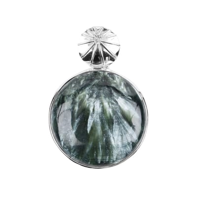Cavill - Zilveren Hanger met Serafiniet 62 ct Ronde Cabochon - 925 Sterling Zilver - Groene Edelsteen uit Rusland - Stijlvol Sterdetail - 45x31 mm