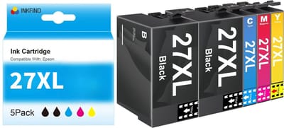 INKFIND 27XL inktcartridge 5 Pack (Zwart*2+Cyaan+Magenta+Geel) compatibel met Epson T2711 T2712 T2713 T2714 voor Epson Workforce WF3620WF, WF3640DTWF, WF7110DTW, WF7210DTW, WF7610DWF, WF7710DWF, WF7715DWF, WF7720DTWF -5-pack BK*2+C/M/Y*1