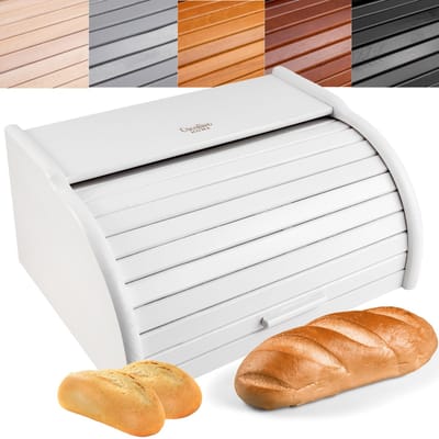 Creative Home Houten Broodtrommel Wit | 40 x 27,5 x 18,5 cm | Natuurlijk Beukenhout | Container met Roltop | Brooddoos voor Elke Keuken | Perfect voor Droogvoer