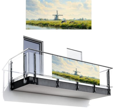 Balkonscherm 200x90 cm - Balkonposter Koeien - Windmolen - Weide - Blauw - Balkon scherm decoratie - Balkonschermen - Balkondoek zonnescherm