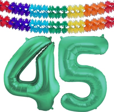 Folat Verjaardag Leeftijd folieballon - 45 jaar - groen - 86 cm - cijferballon groot - incl 2x feestslingers