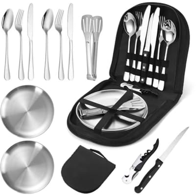 Complete outdoor eetset voor 4 personen - 12-delige roestvrijstalen set met opbergtas