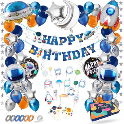 Fissaly 83 Stuks Ruimte, Raket en Astronaut Happy Birhtday Feest Versiering – Space Verjaardag Decoratie - Planeten, Sterren & Aliens - Kinderfeest