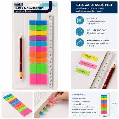 Index Tabs en Sticky Notes Set met Potlood en Liniaal – 400 Stuks – Kleurrijke Paginamarkers – Kantoor en School Benodigdheden